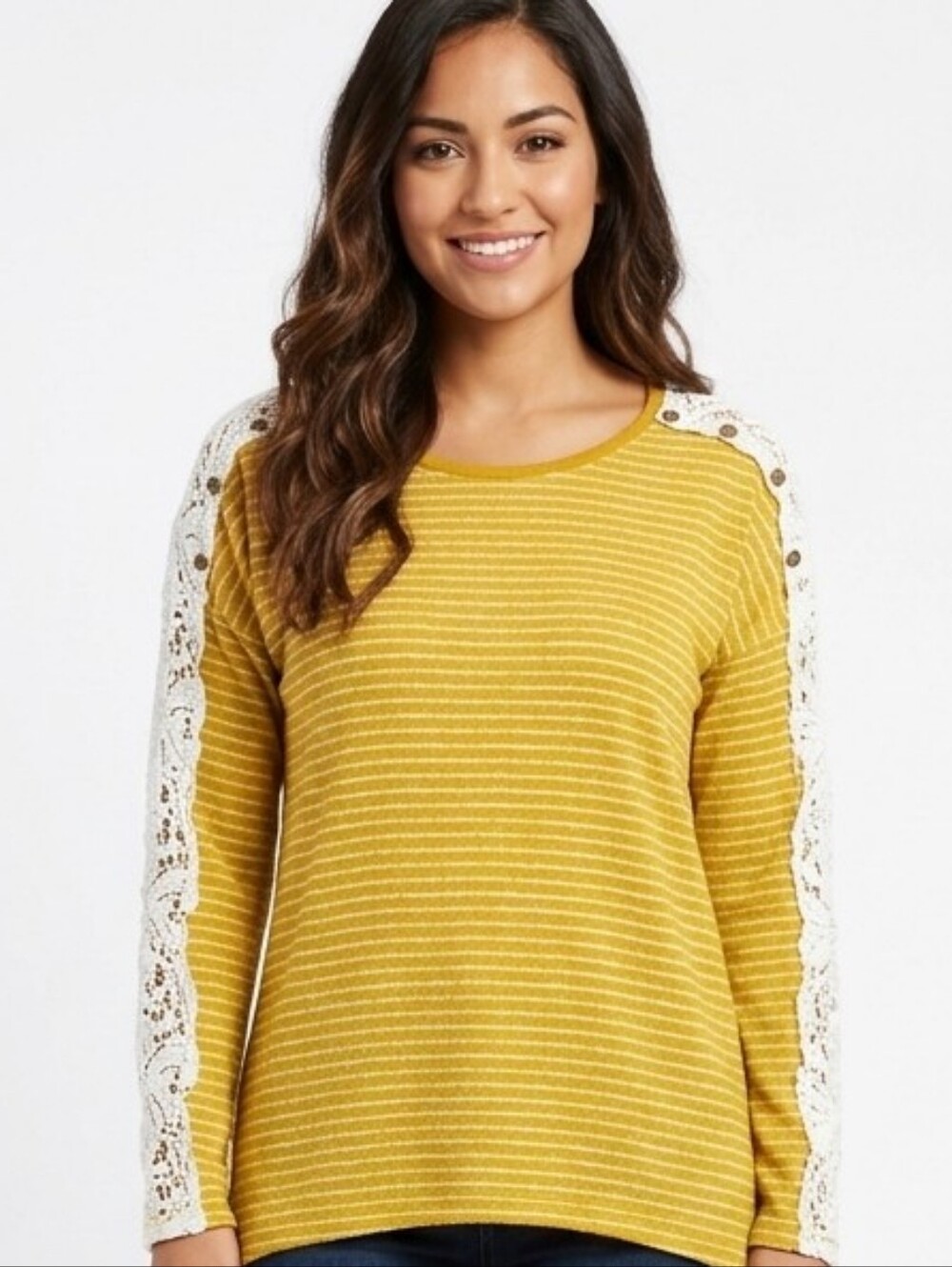 entro Mustard Yellow Striped Top with Cream Lace Sleeves